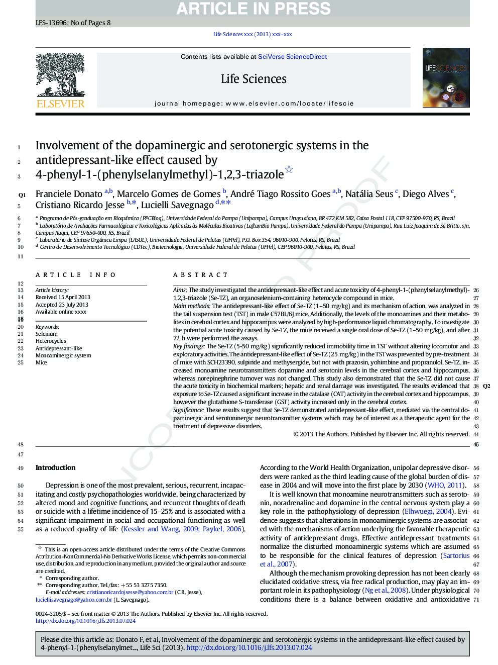 Involvement of the dopaminergic and serotonergic systems in the antidepressant-like effect caused by 4-phenyl-1-(phenylselanylmethyl)-1,2,3-triazole