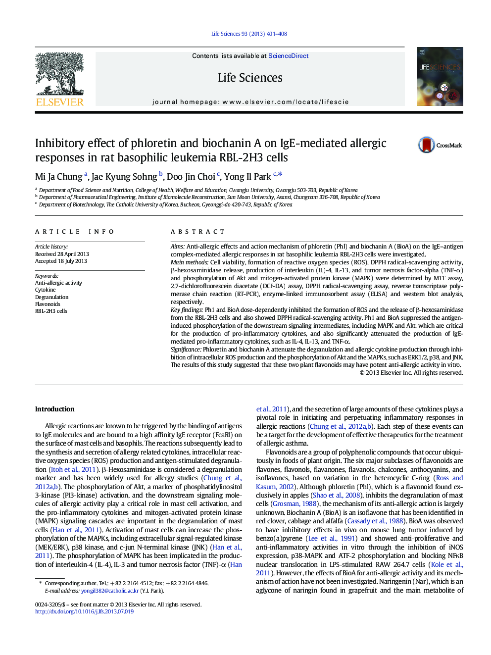 Inhibitory effect of phloretin and biochanin A on IgE-mediated allergic responses in rat basophilic leukemia RBL-2H3 cells