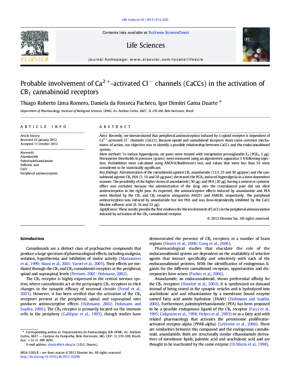 Probable involvement of Ca2Â +-activated Clâ channels (CaCCs) in the activation of CB1 cannabinoid receptors