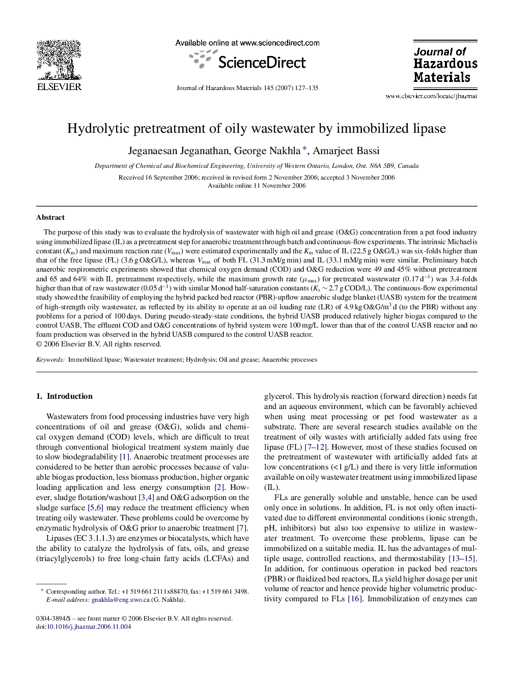 Hydrolytic pretreatment of oily wastewater by immobilized lipase