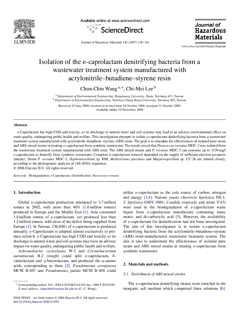 Isolation of the É-caprolactam denitrifying bacteria from a wastewater treatment system manufactured with acrylonitrile-butadiene-styrene resin