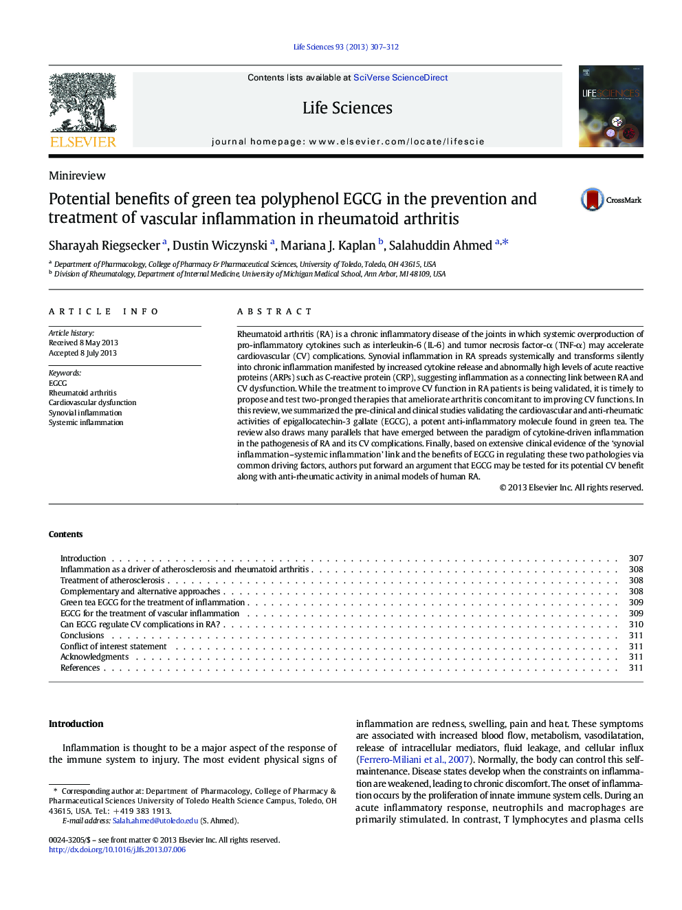 MinireviewPotential benefits of green tea polyphenol EGCG in the prevention and treatment of vascular inflammation in rheumatoid arthritis