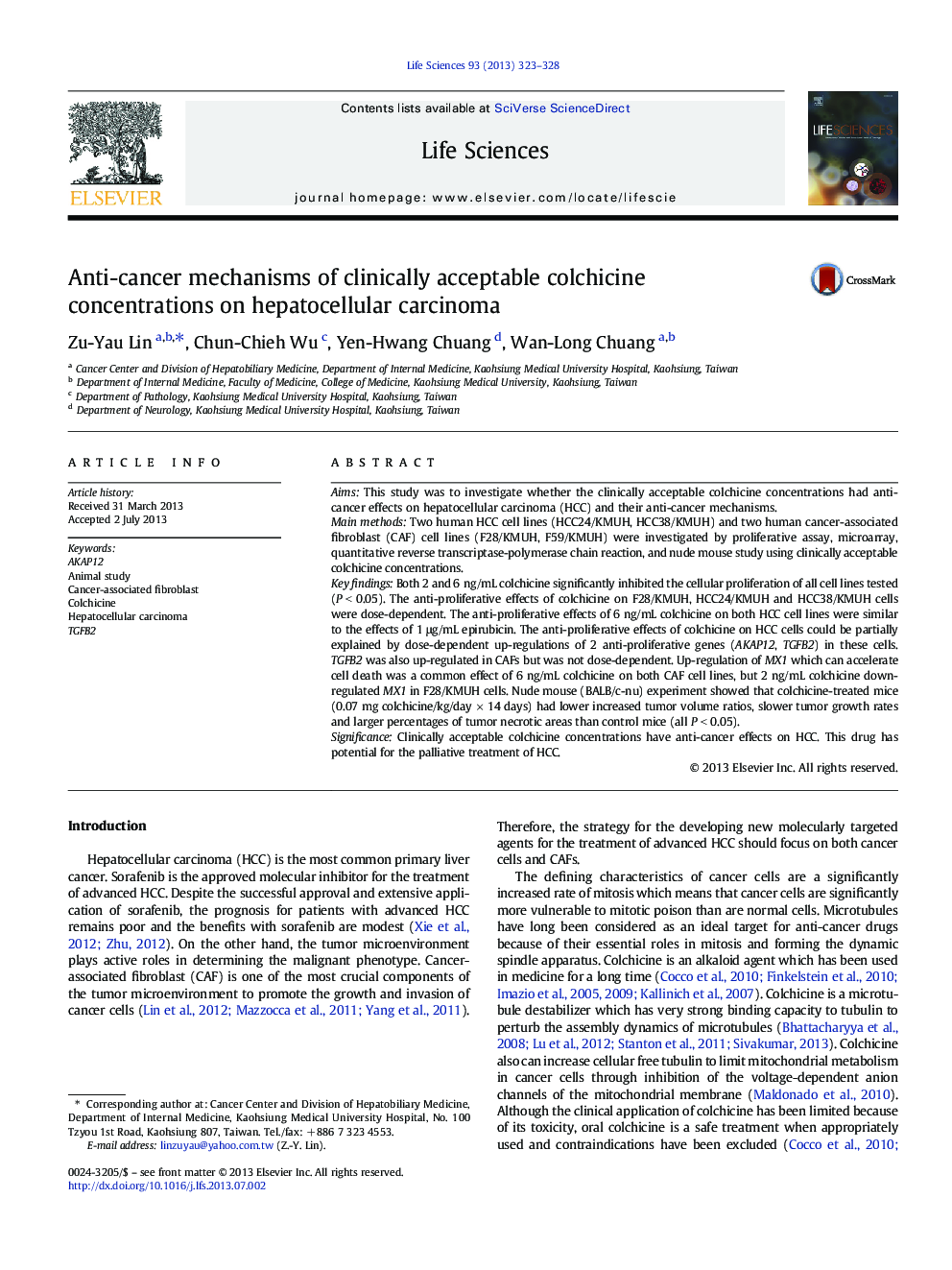 Anti-cancer mechanisms of clinically acceptable colchicine concentrations on hepatocellular carcinoma