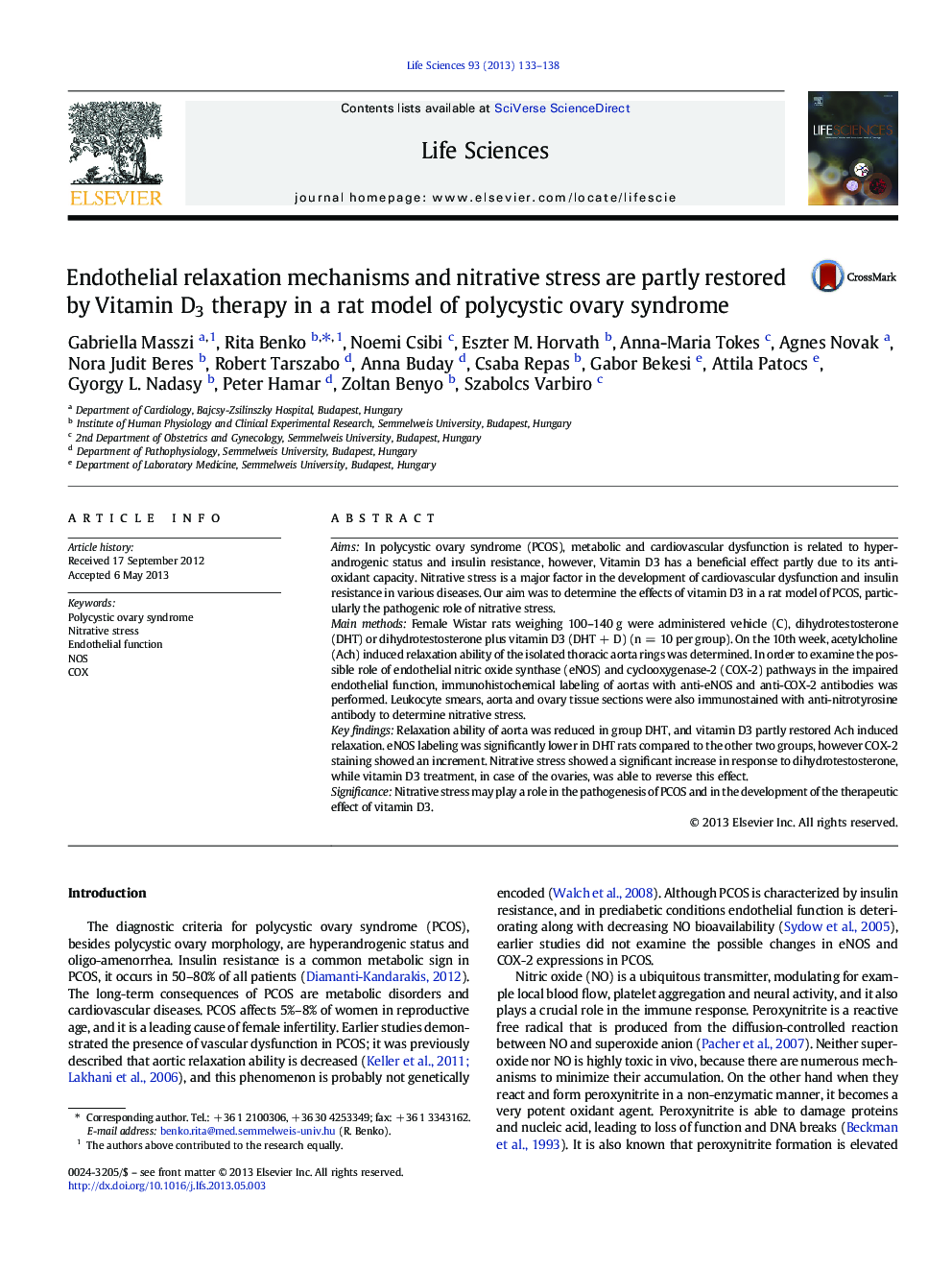 Endothelial relaxation mechanisms and nitrative stress are partly restored by Vitamin D3 therapy in a rat model of polycystic ovary syndrome