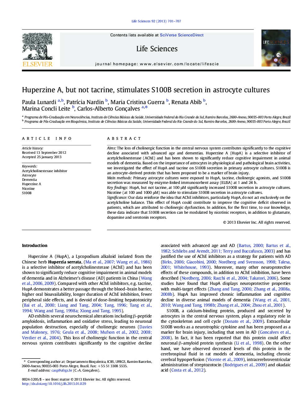 Huperzine A, but not tacrine, stimulates S100B secretion in astrocyte cultures