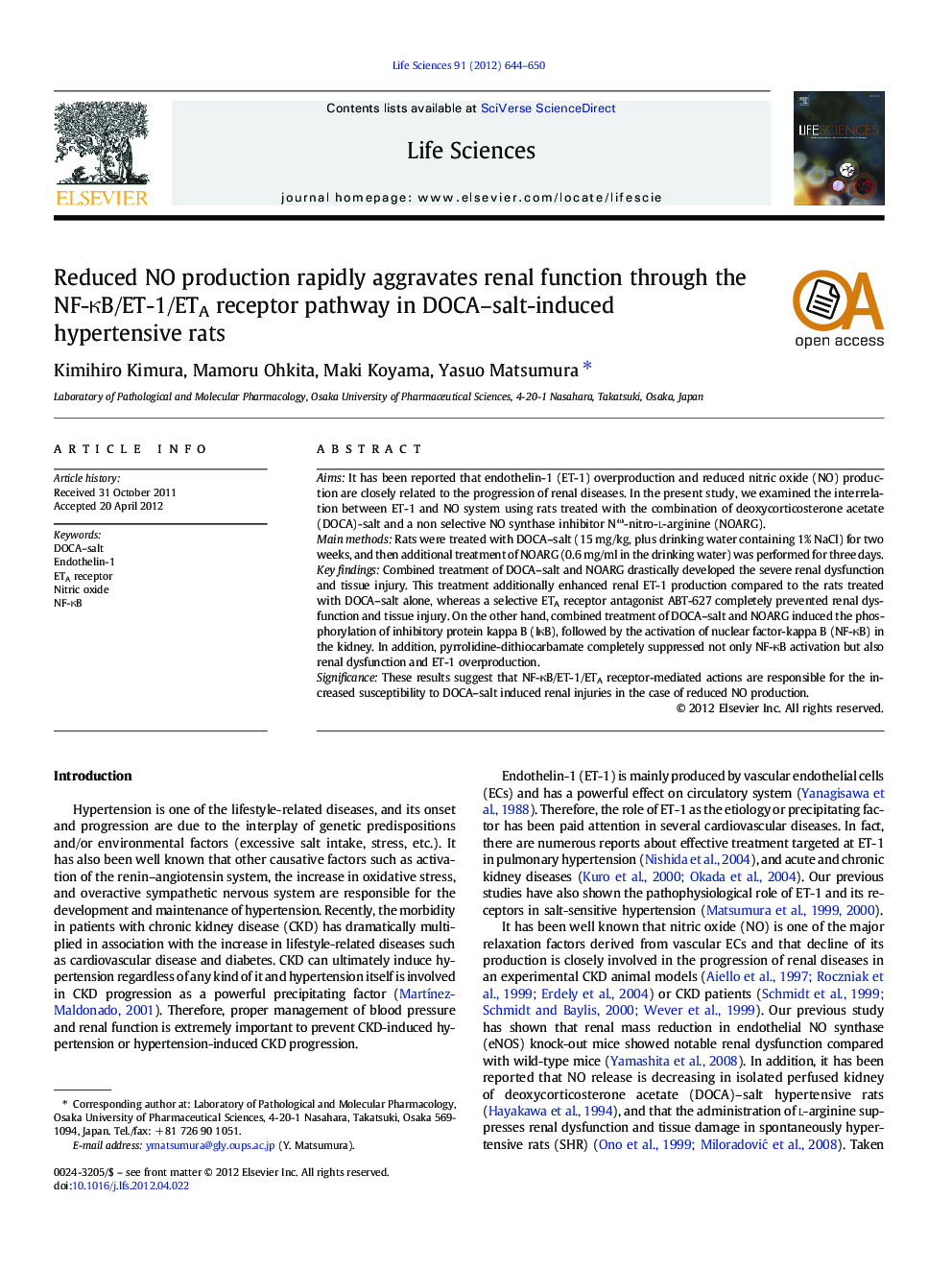 Reduced NO production rapidly aggravates renal function through the NF-ÎºB/ET-1/ETA receptor pathway in DOCA-salt-induced hypertensive rats