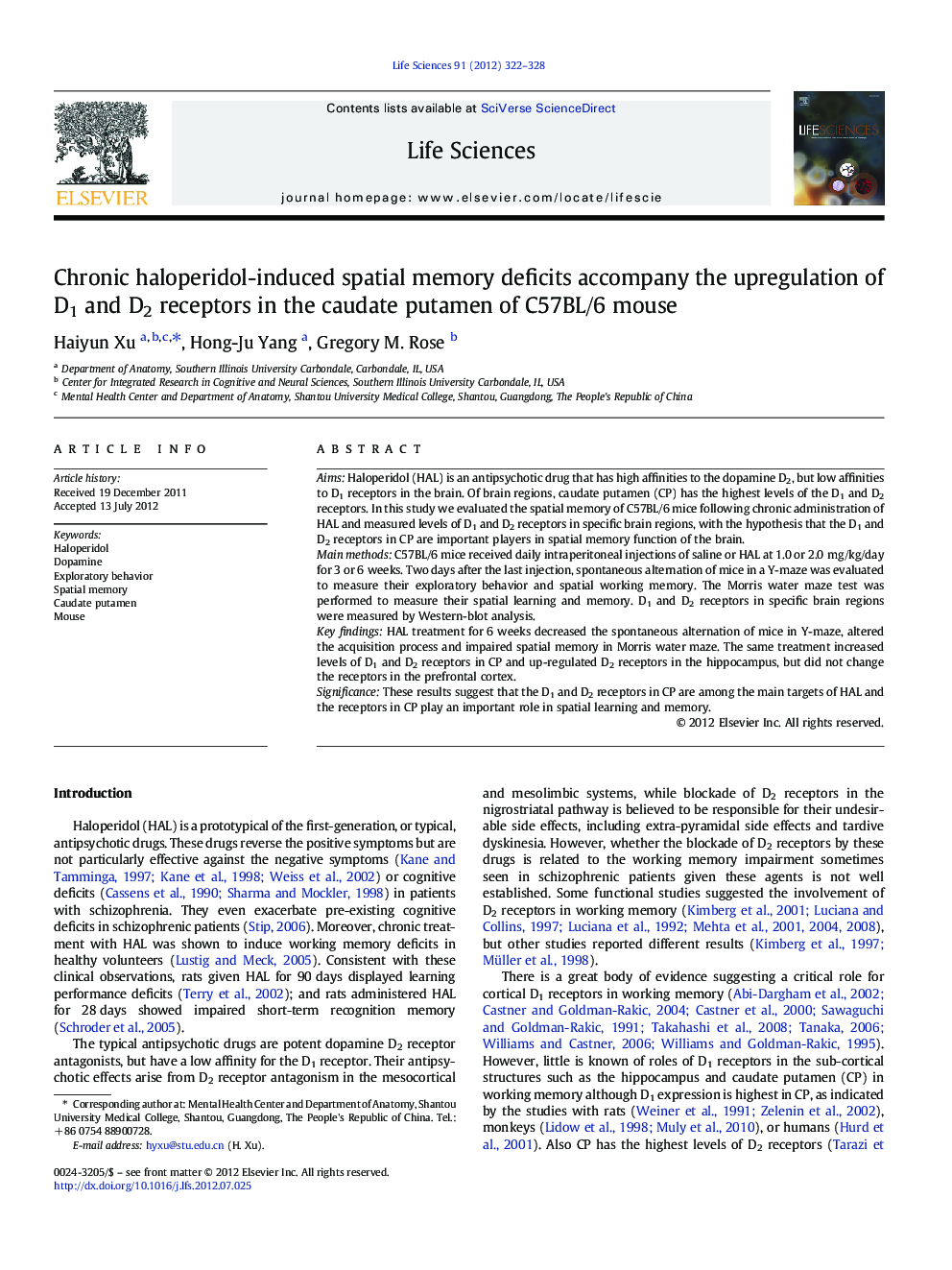 Chronic haloperidol-induced spatial memory deficits accompany the upregulation of D1 and D2 receptors in the caudate putamen of C57BL/6 mouse