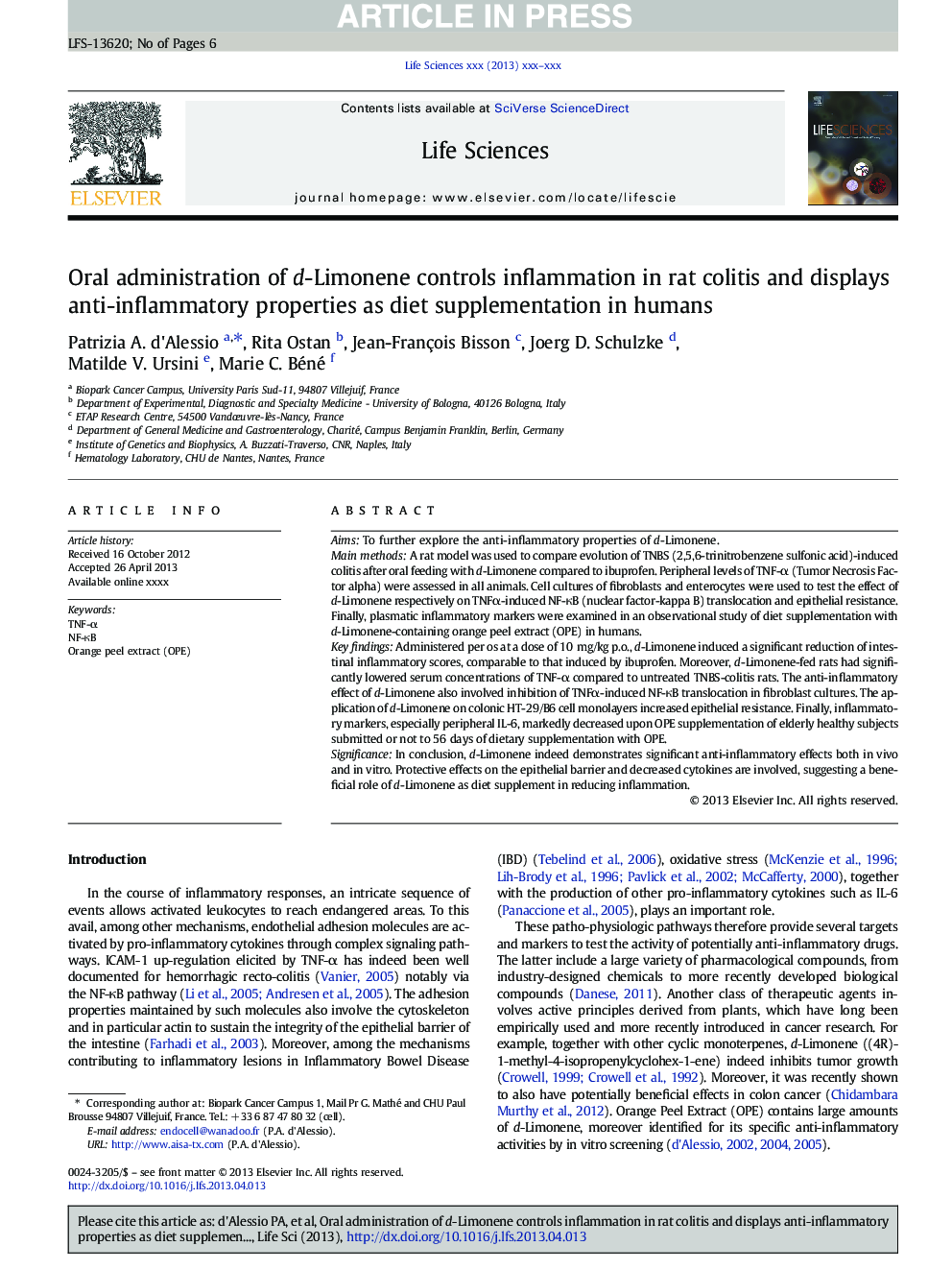 Oral administration of d-Limonene controls inflammation in rat colitis and displays anti-inflammatory properties as diet supplementation in humans