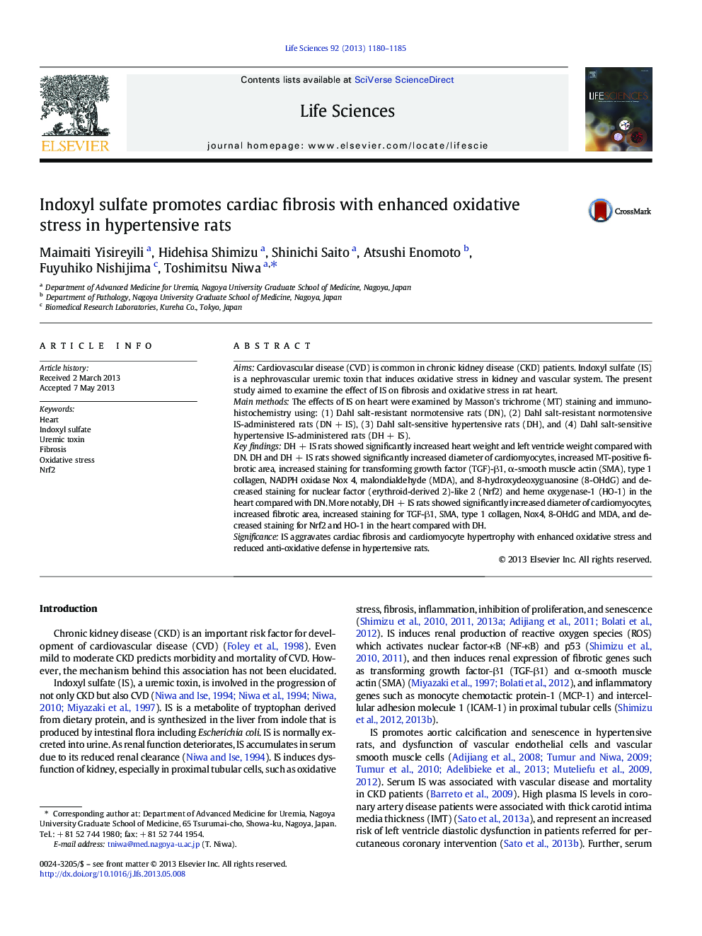 Indoxyl sulfate promotes cardiac fibrosis with enhanced oxidative stress in hypertensive rats