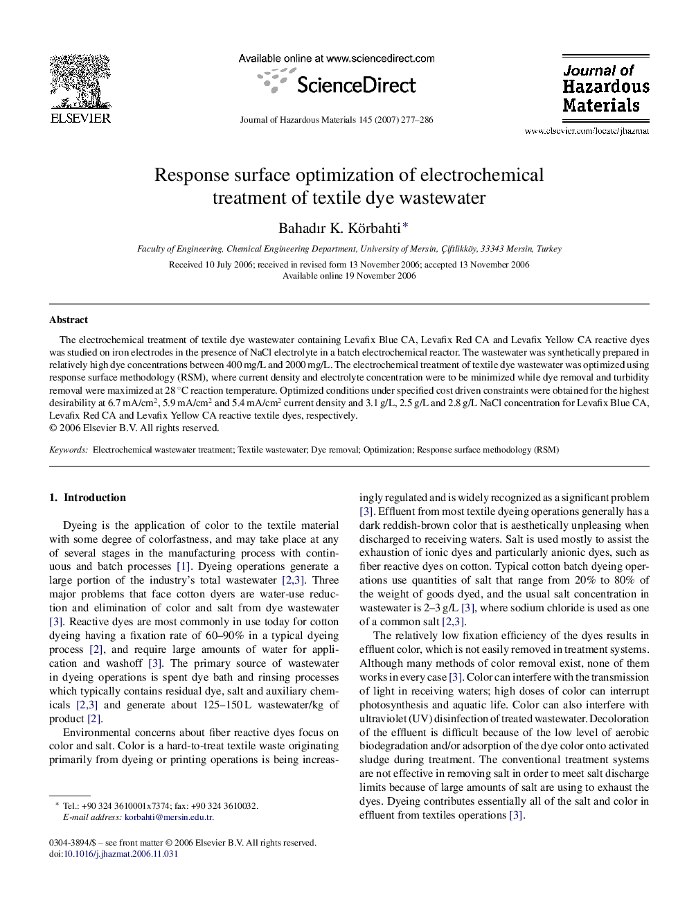 Response surface optimization of electrochemical treatment of textile dye wastewater