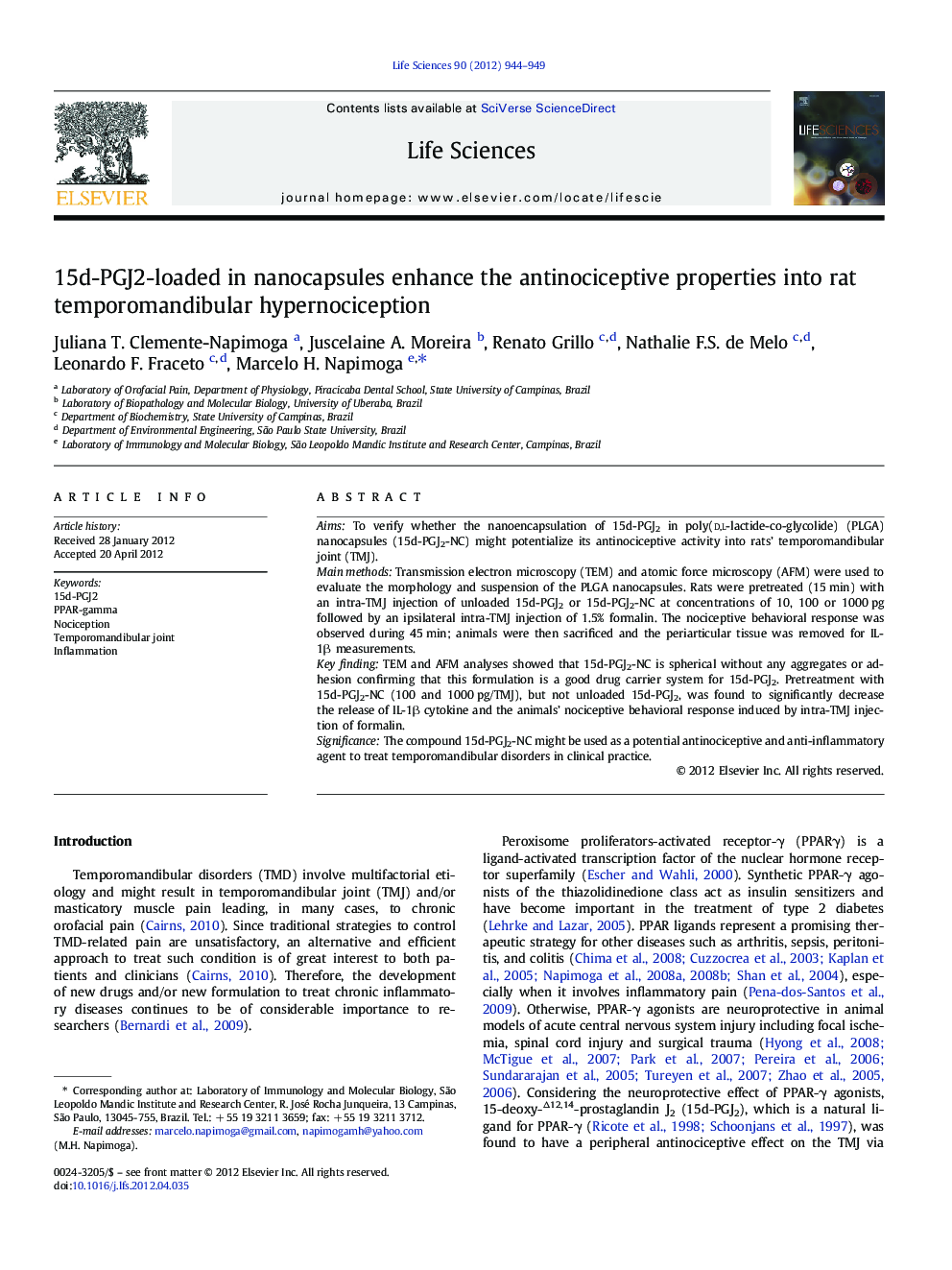 15d-PGJ2-loaded in nanocapsules enhance the antinociceptive properties into rat temporomandibular hypernociception