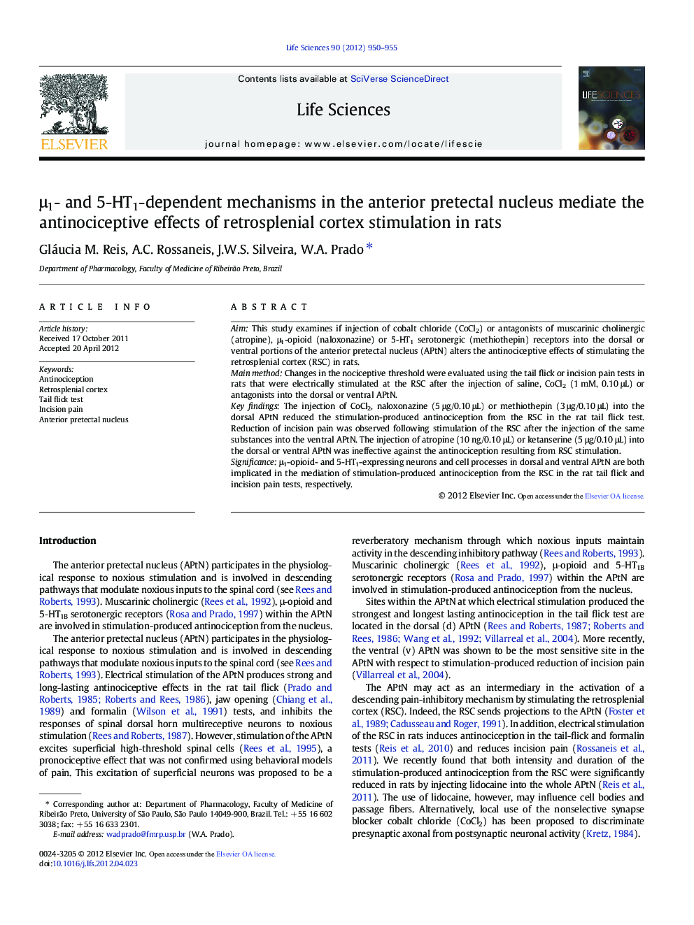 Î¼1- and 5-HT1-dependent mechanisms in the anterior pretectal nucleus mediate the antinociceptive effects of retrosplenial cortex stimulation in rats