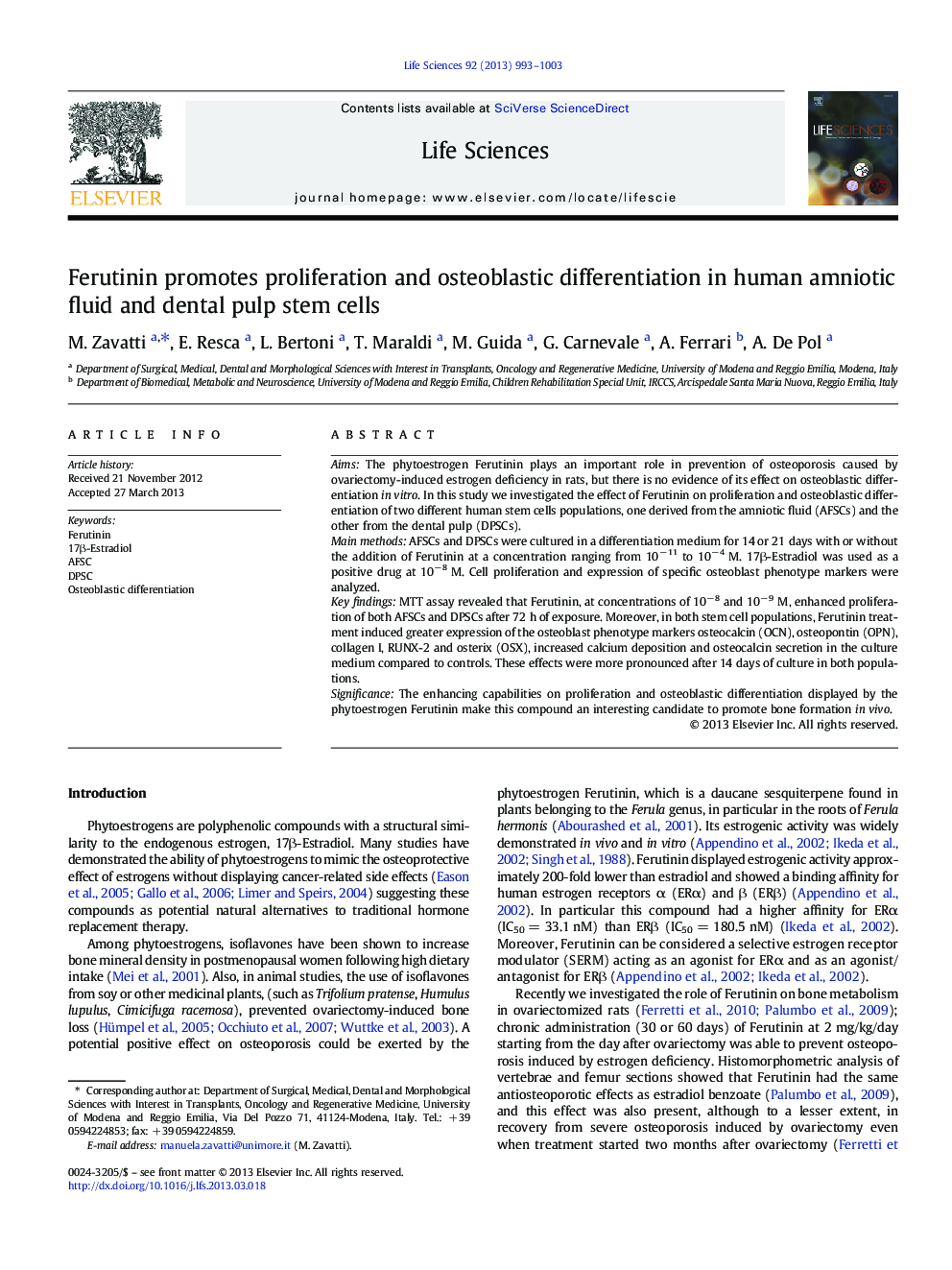 Ferutinin promotes proliferation and osteoblastic differentiation in human amniotic fluid and dental pulp stem cells