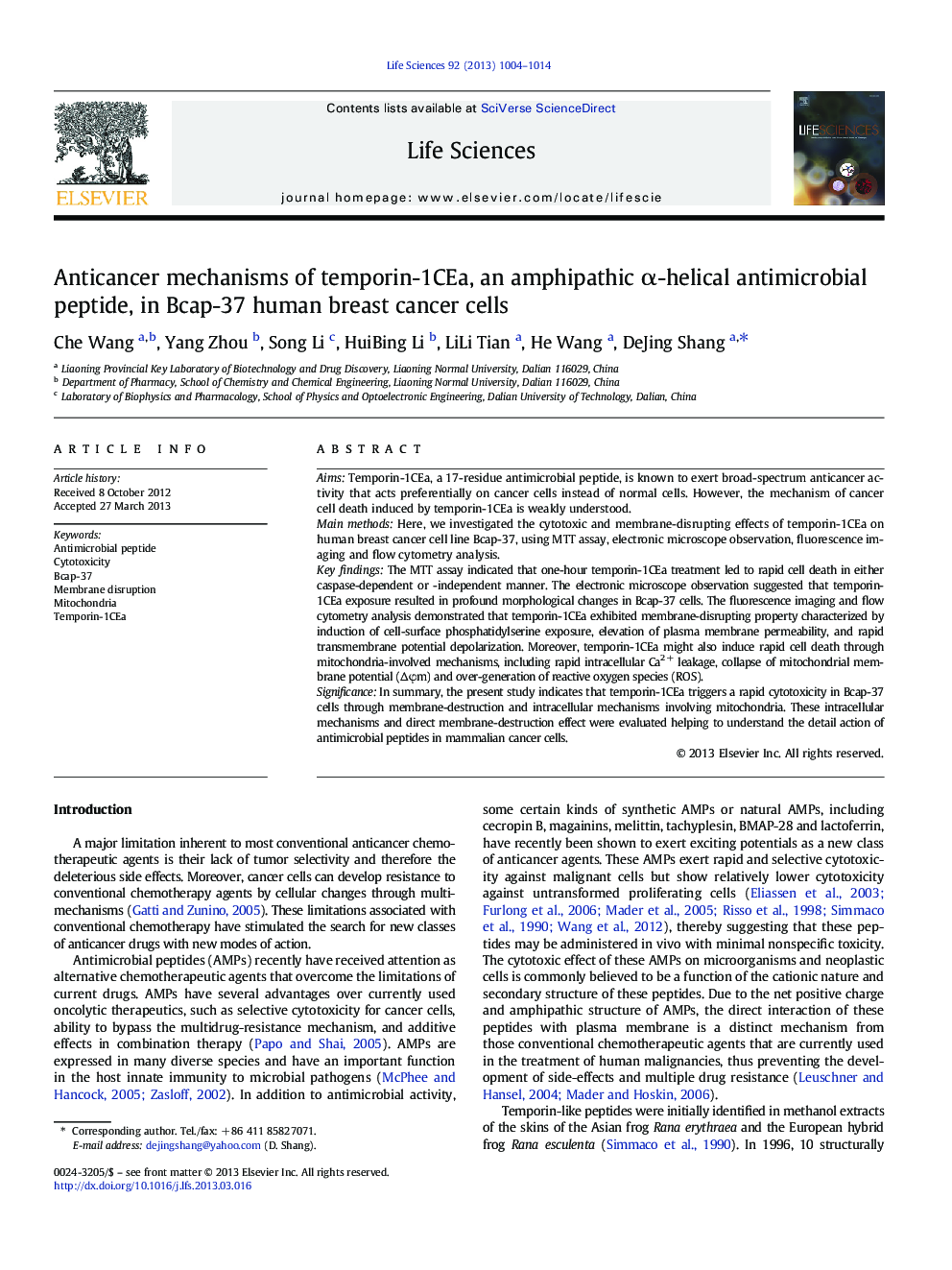 Anticancer mechanisms of temporin-1CEa, an amphipathic Î±-helical antimicrobial peptide, in Bcap-37 human breast cancer cells