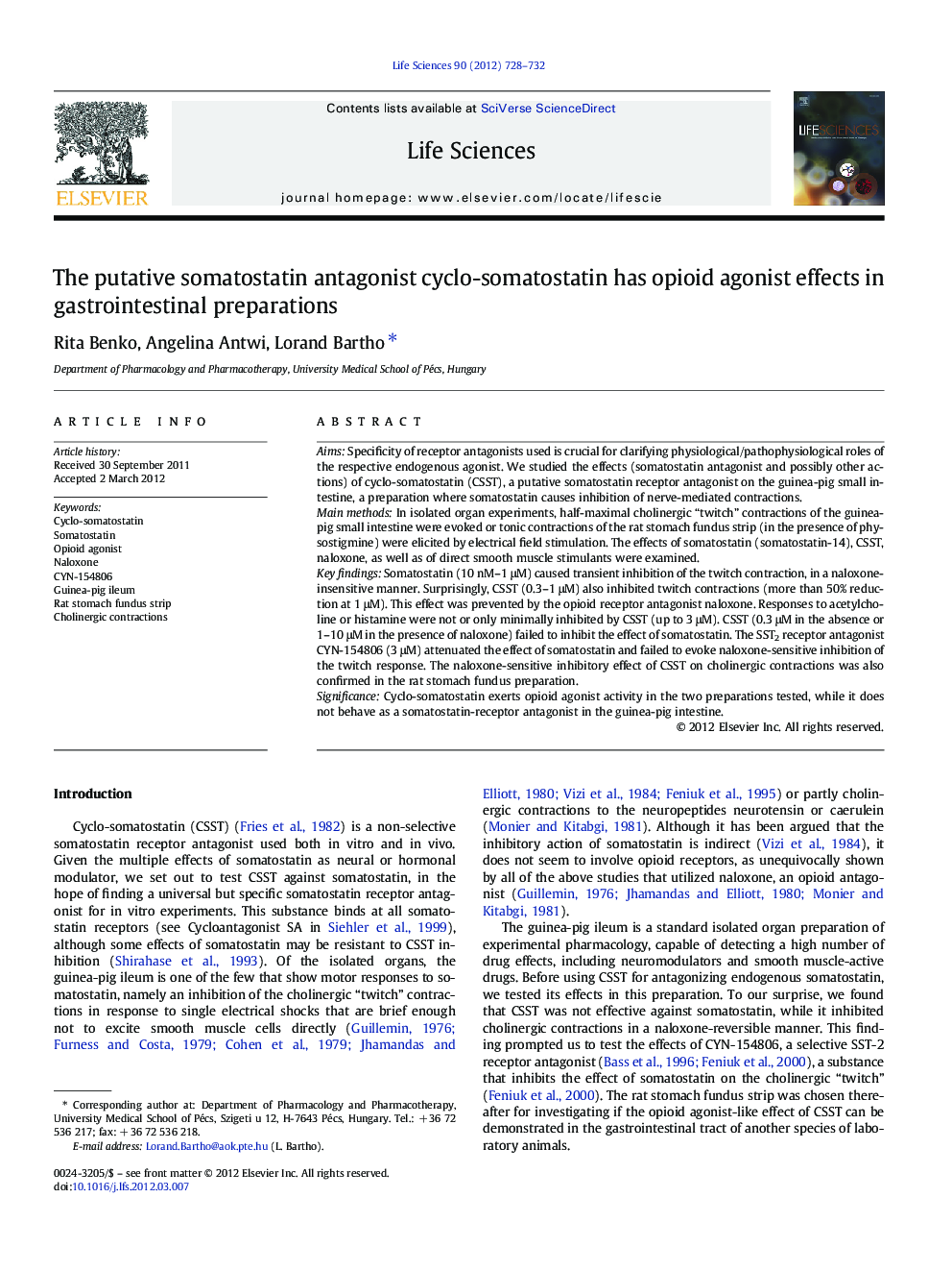 The putative somatostatin antagonist cyclo-somatostatin has opioid agonist effects in gastrointestinal preparations