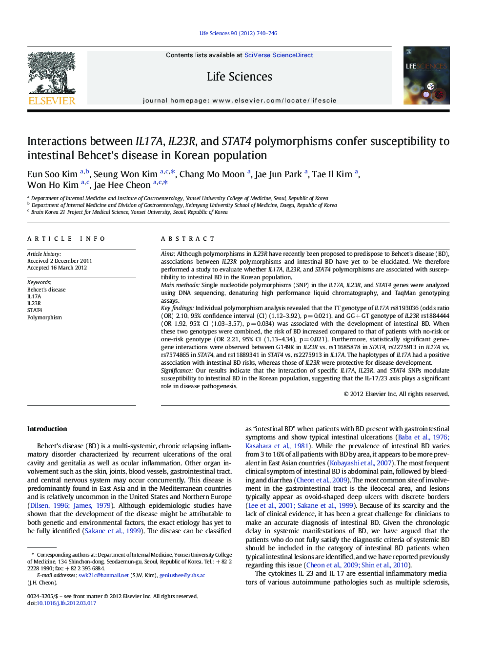 Interactions between IL17A, IL23R, and STAT4 polymorphisms confer susceptibility to intestinal Behcet's disease in Korean population