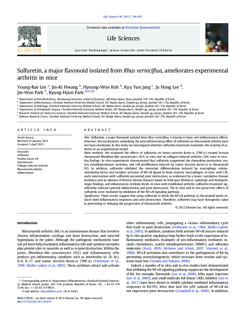 Sulfuretin, a major flavonoid isolated from Rhus verniciflua, ameliorates experimental arthritis in mice