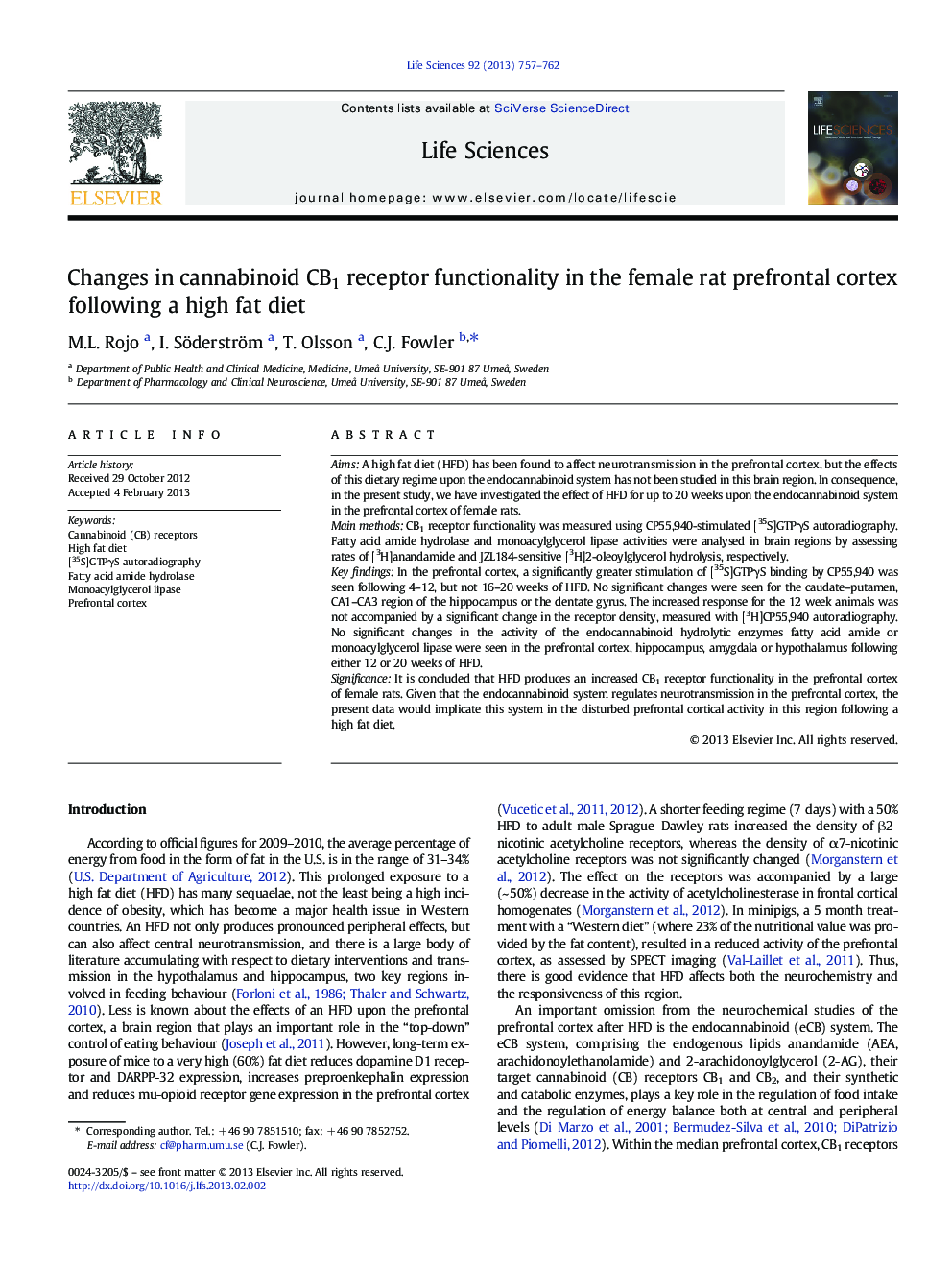 Changes in cannabinoid CB1 receptor functionality in the female rat prefrontal cortex following a high fat diet