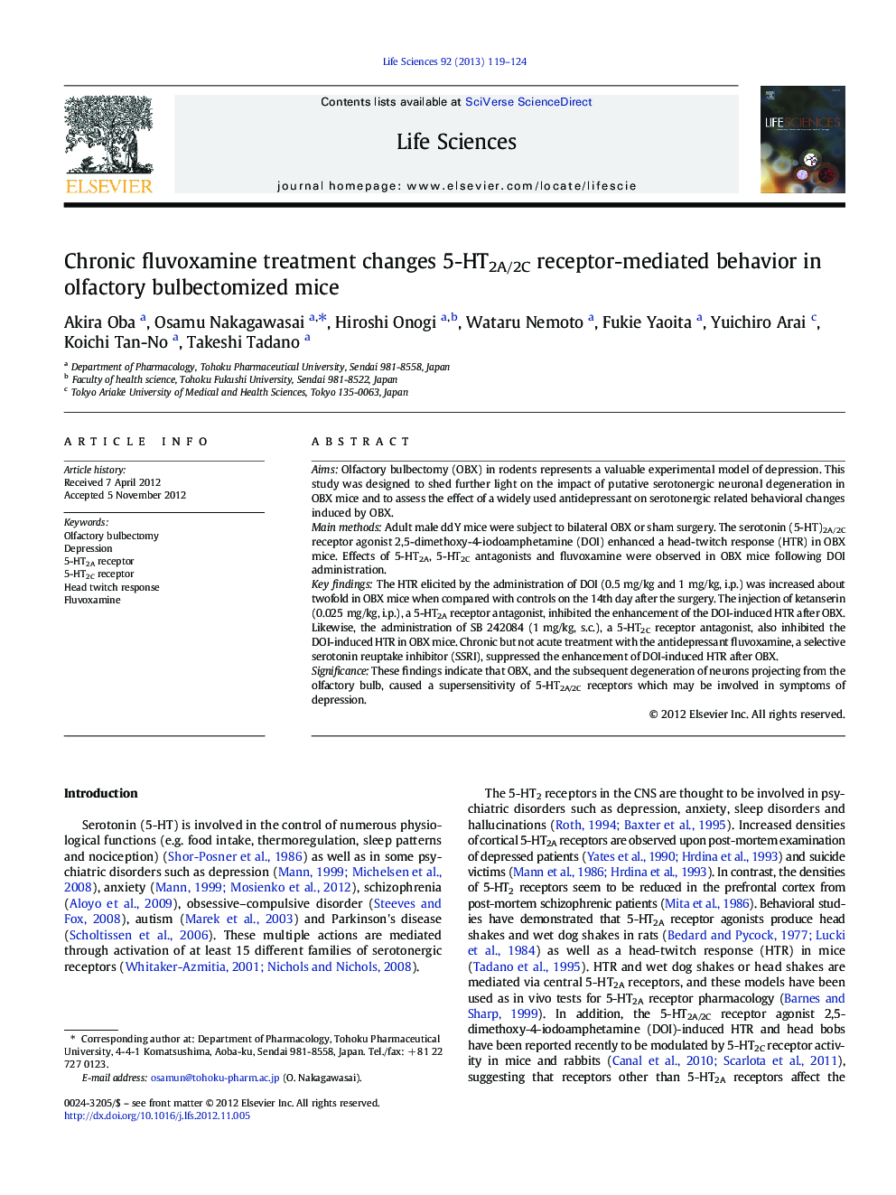 Chronic fluvoxamine treatment changes 5-HT2A/2C receptor-mediated behavior in olfactory bulbectomized mice