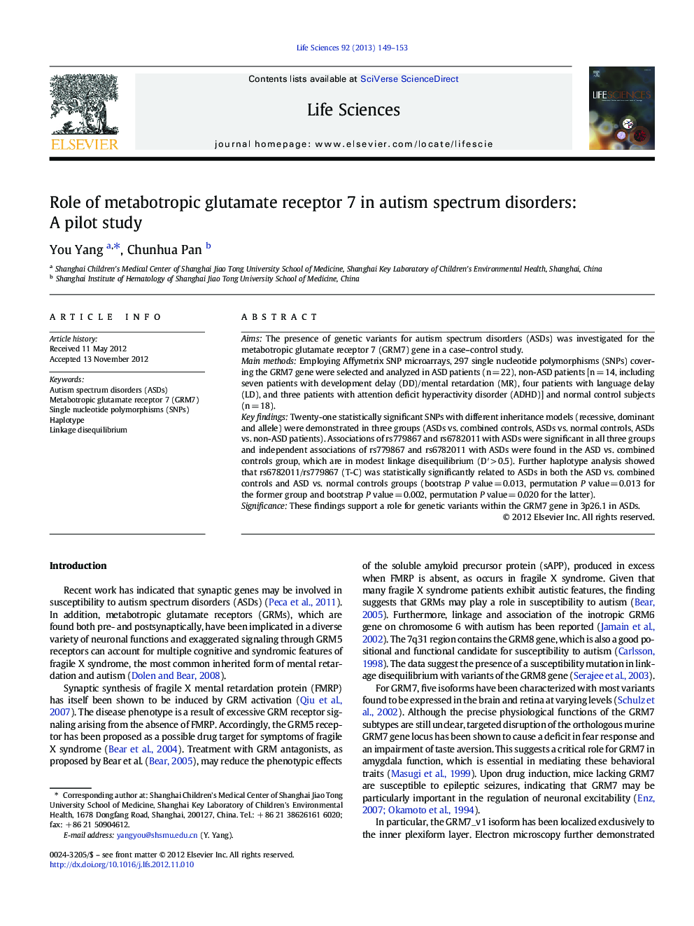 Role of metabotropic glutamate receptor 7 in autism spectrum disorders: A pilot study