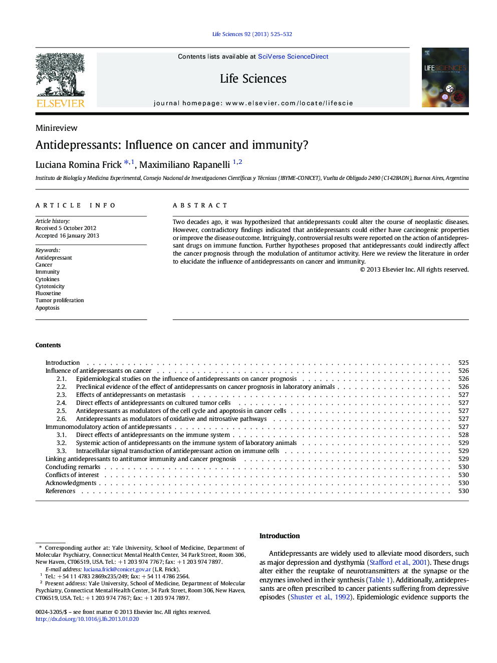 MinireviewAntidepressants: Influence on cancer and immunity?