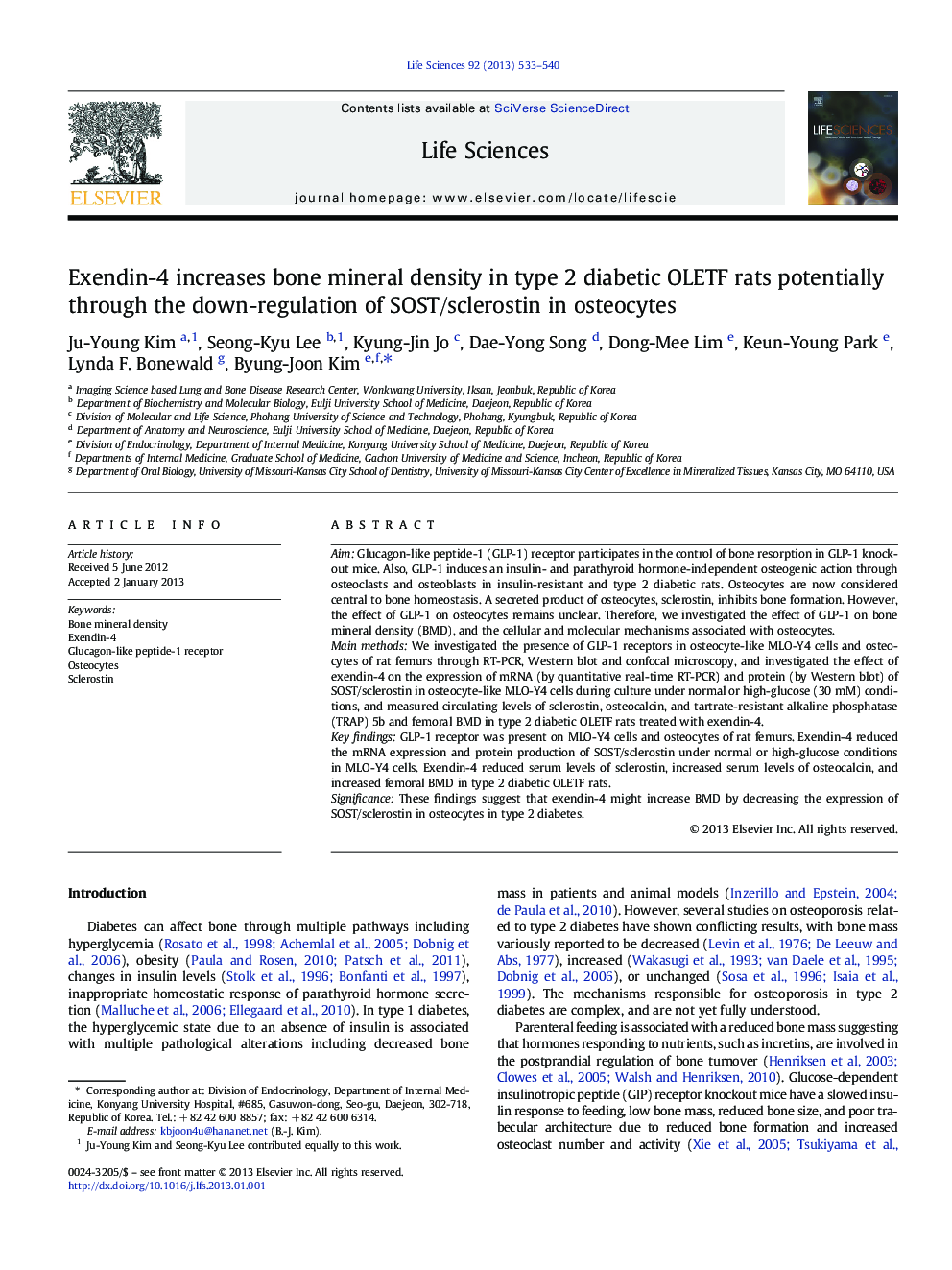 Exendin-4 increases bone mineral density in type 2 diabetic OLETF rats potentially through the down-regulation of SOST/sclerostin in osteocytes