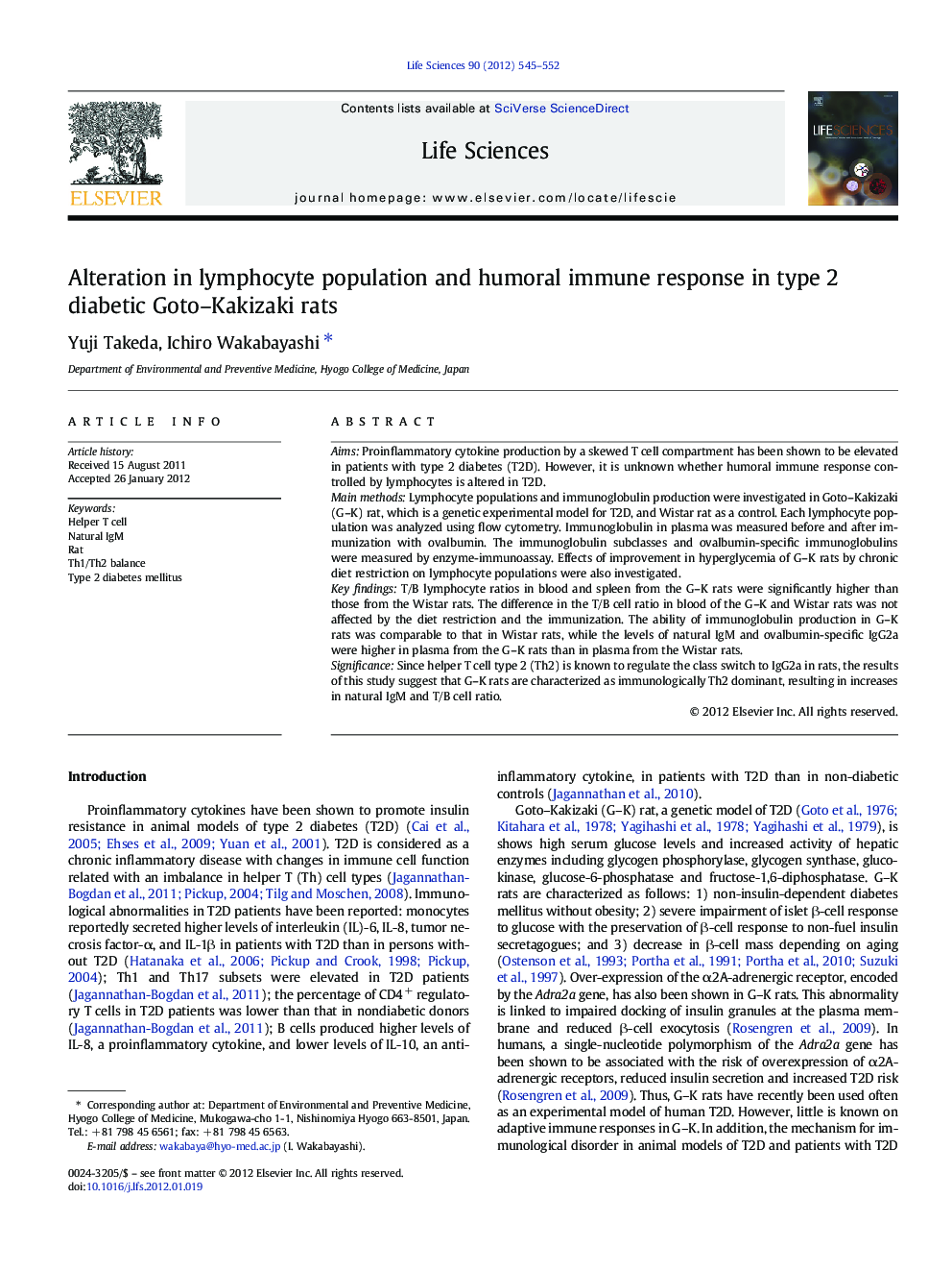 Alteration in lymphocyte population and humoral immune response in type 2 diabetic Goto-Kakizaki rats