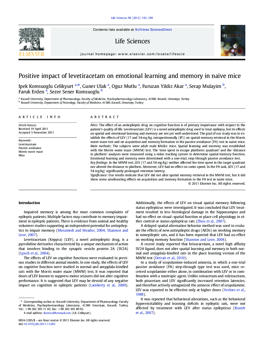 Positive impact of levetiracetam on emotional learning and memory in naive mice