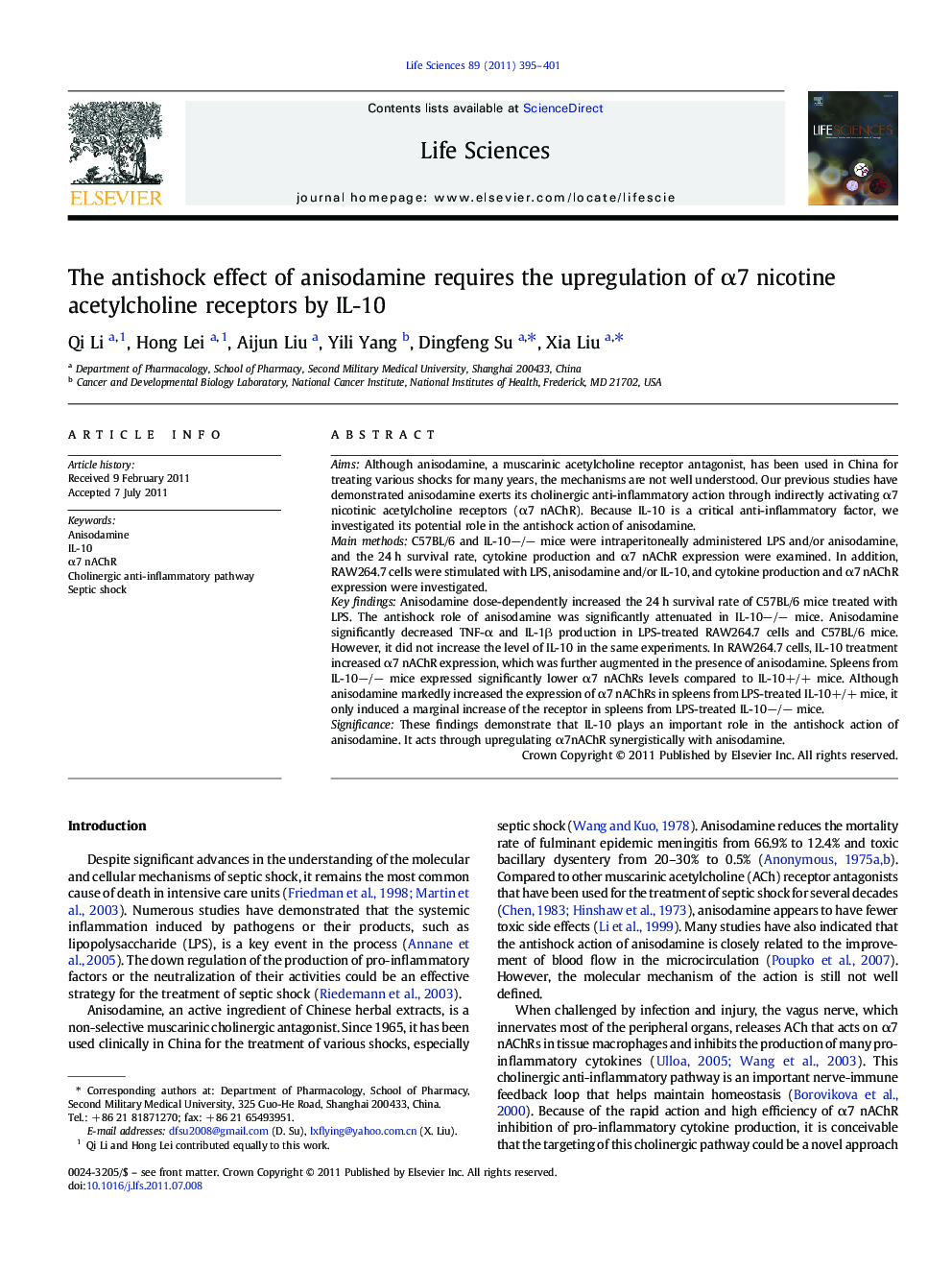 The antishock effect of anisodamine requires the upregulation of Î±7 nicotine acetylcholine receptors by IL-10