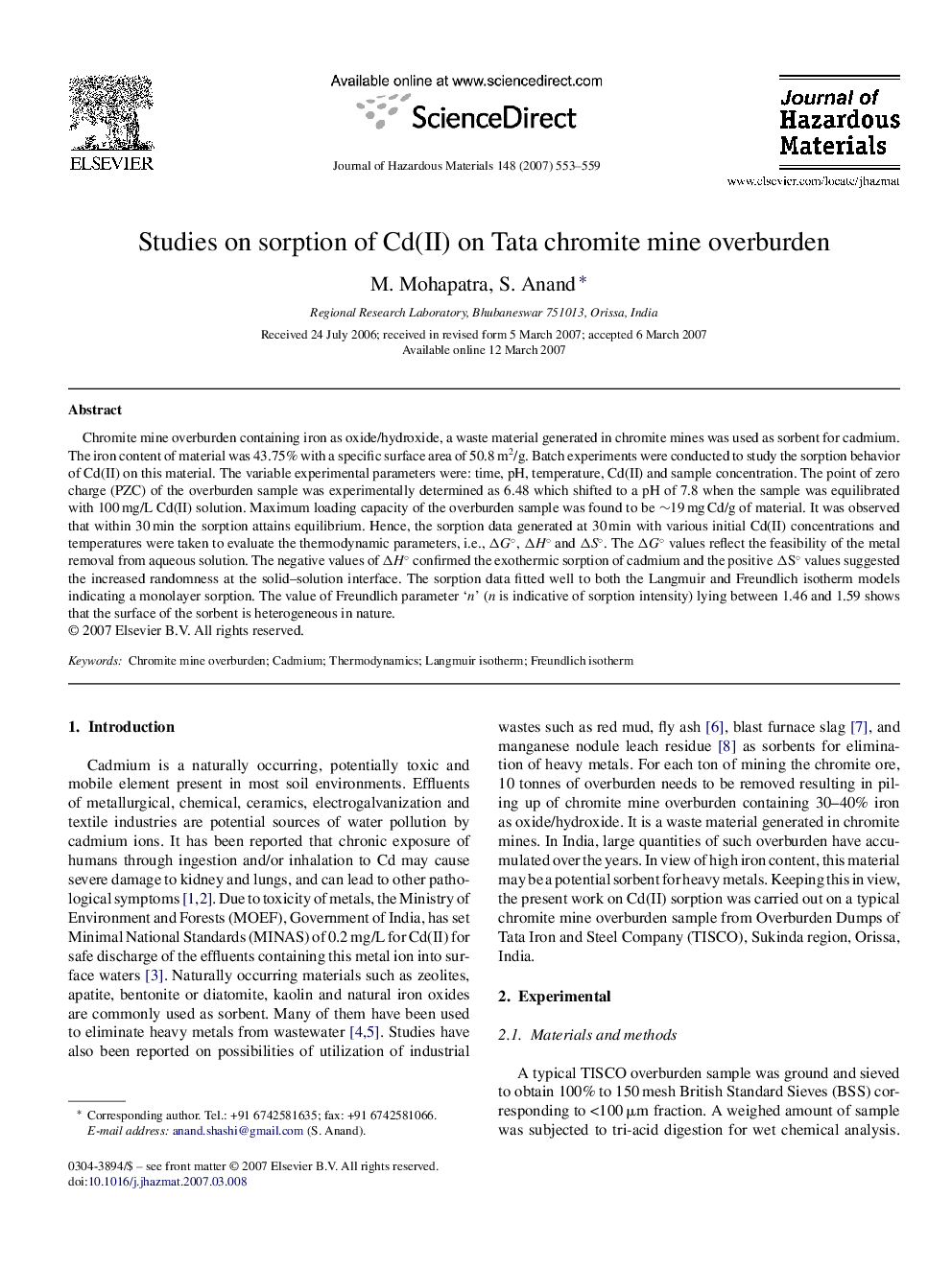 Studies on sorption of Cd(II) on Tata chromite mine overburden