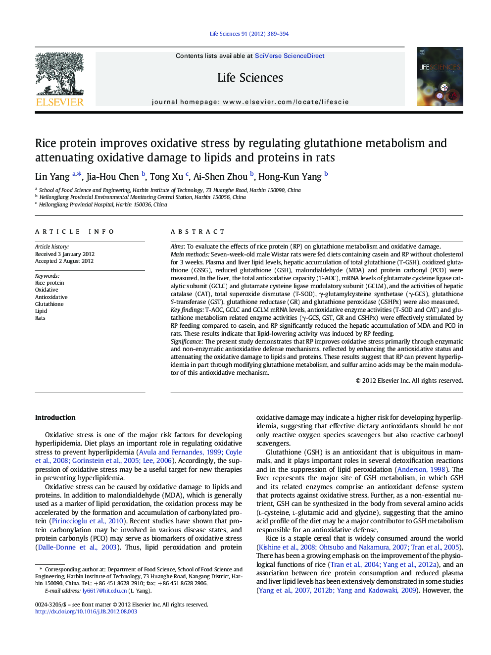 Rice protein improves oxidative stress by regulating glutathione metabolism and attenuating oxidative damage to lipids and proteins in rats