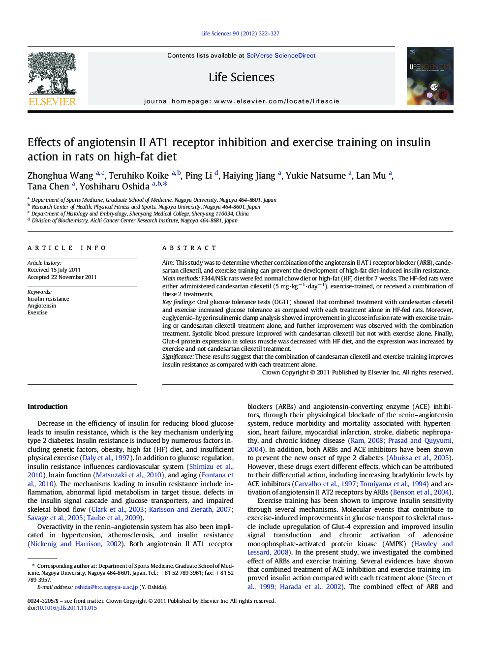 Effects of angiotensin II AT1 receptor inhibition and exercise training on insulin action in rats on high-fat diet