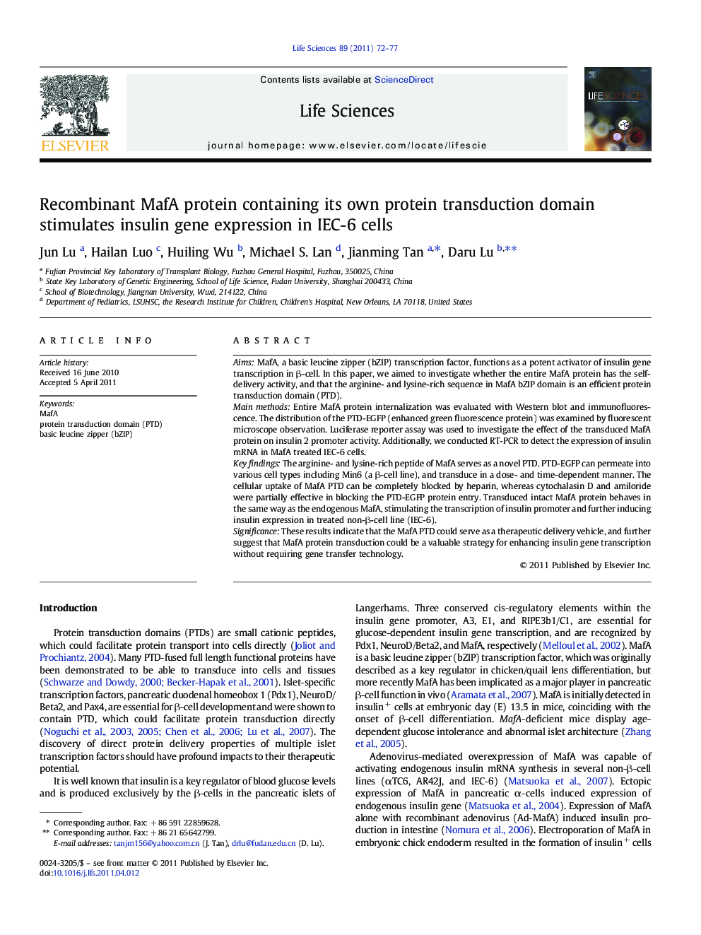 Recombinant MafA protein containing its own protein transduction domain stimulates insulin gene expression in IEC-6 cells