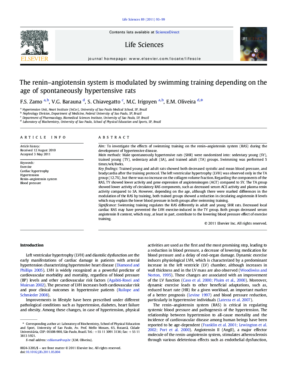 The renin-angiotensin system is modulated by swimming training depending on the age of spontaneously hypertensive rats