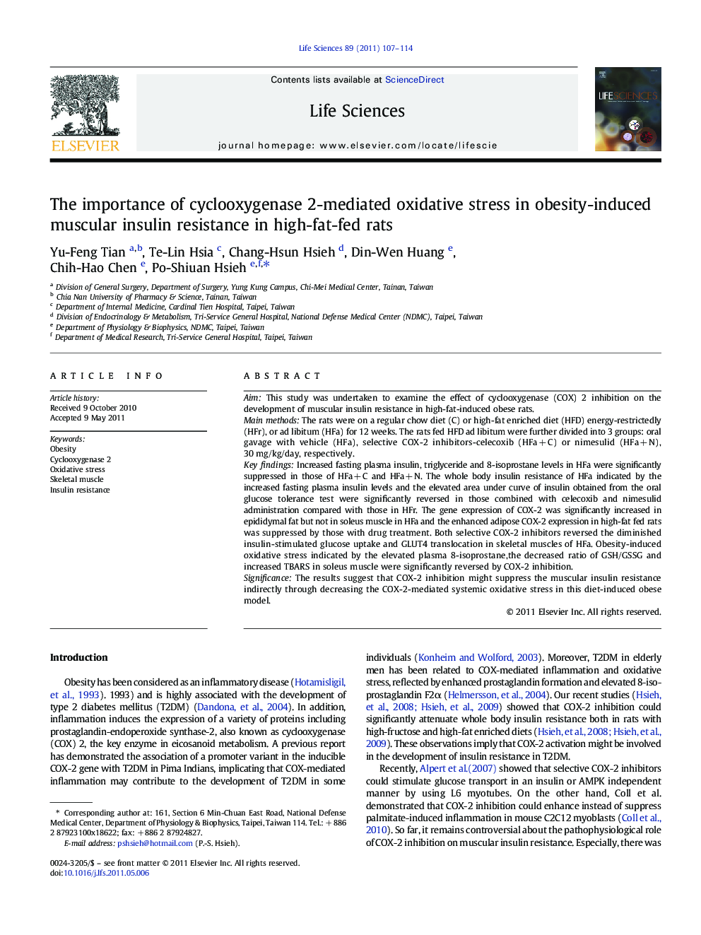 The importance of cyclooxygenase 2-mediated oxidative stress in obesity-induced muscular insulin resistance in high-fat-fed rats