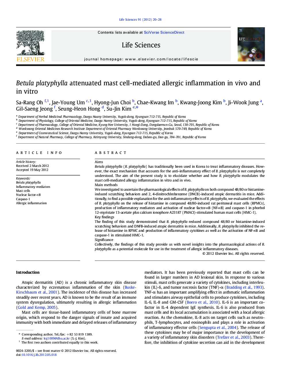 Betula platyphylla attenuated mast cell-mediated allergic inflammation in vivo and in vitro