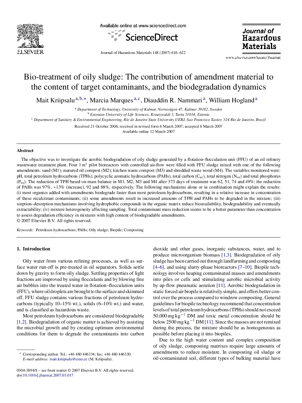 Bio-treatment of oily sludge: The contribution of amendment material to the content of target contaminants, and the biodegradation dynamics