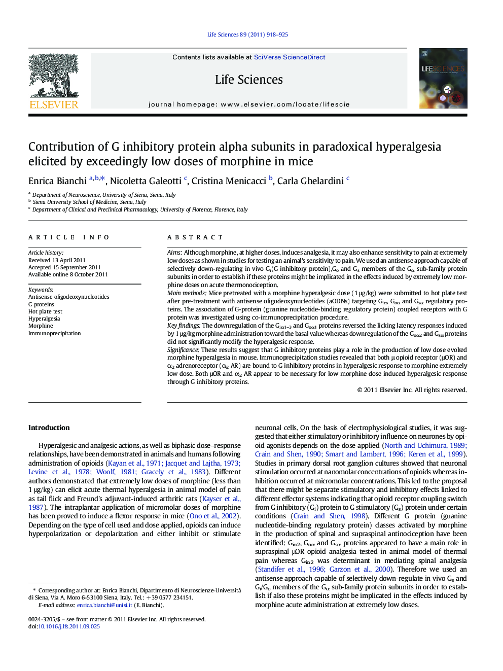 Contribution of G inhibitory protein alpha subunits in paradoxical hyperalgesia elicited by exceedingly low doses of morphine in mice