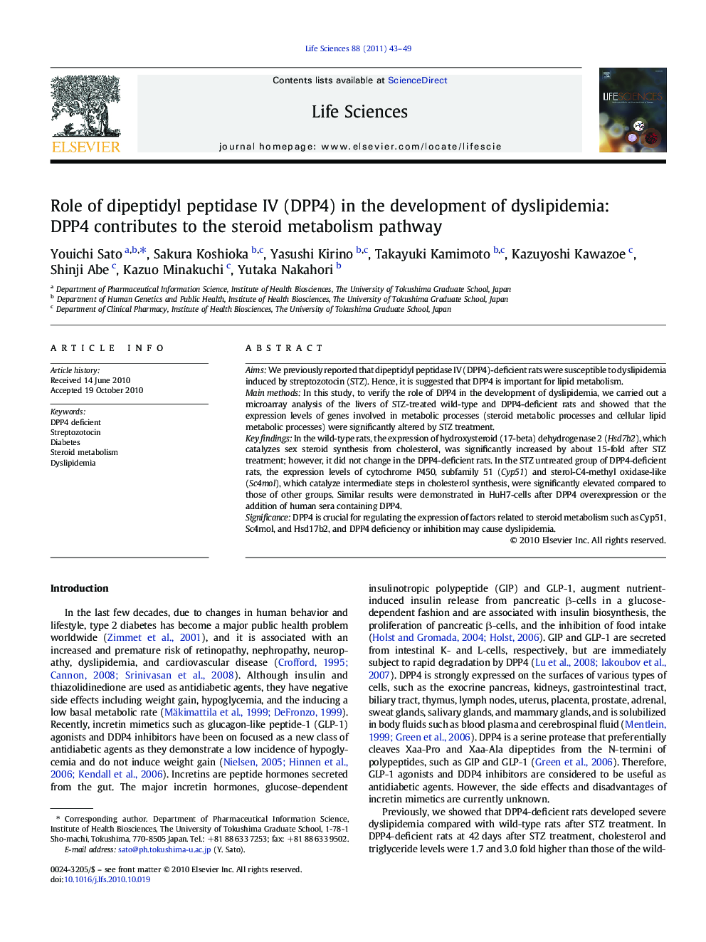 Role of dipeptidyl peptidase IV (DPP4) in the development of dyslipidemia: DPP4 contributes to the steroid metabolism pathway