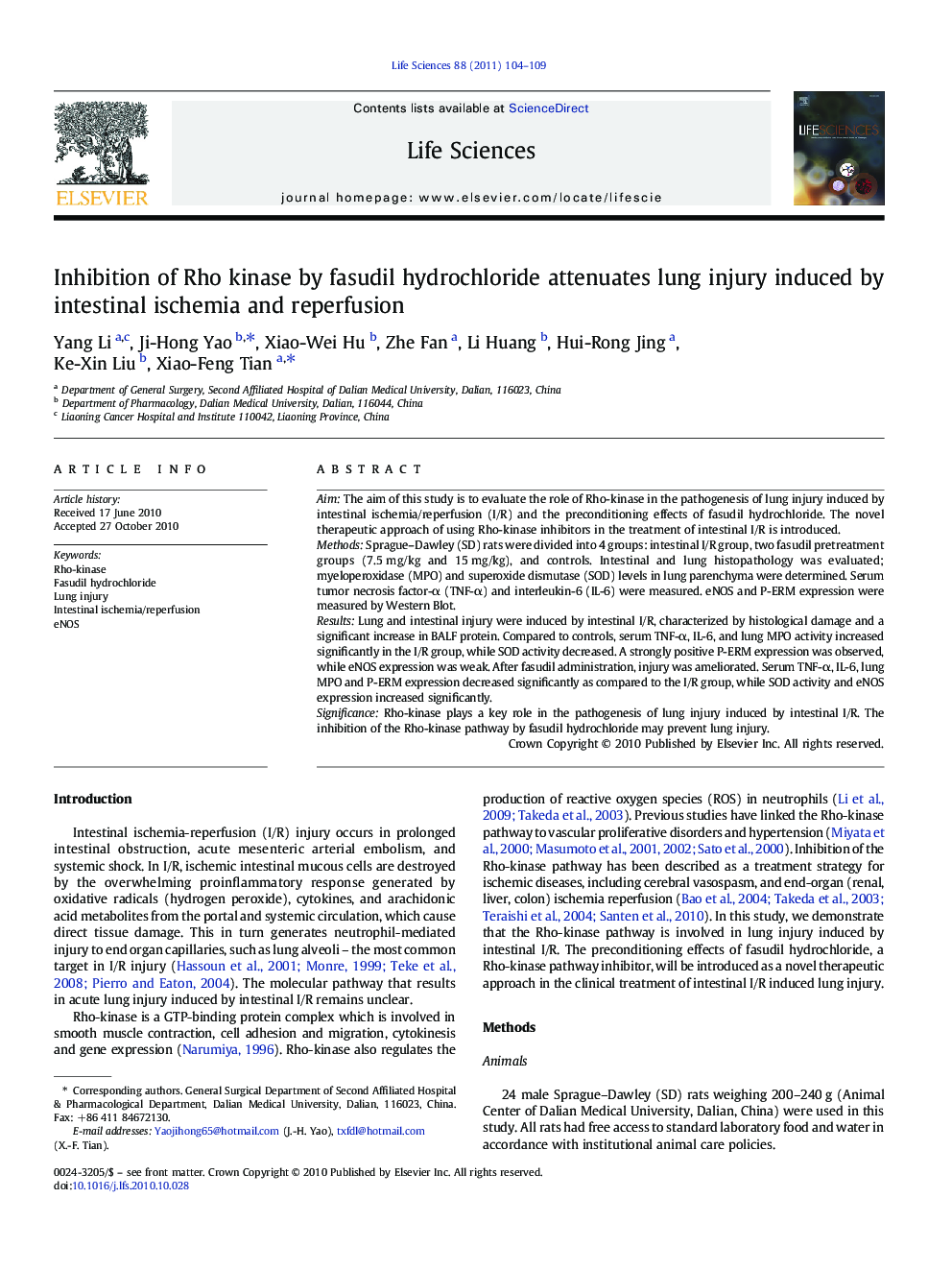 Inhibition of Rho kinase by fasudil hydrochloride attenuates lung injury induced by intestinal ischemia and reperfusion