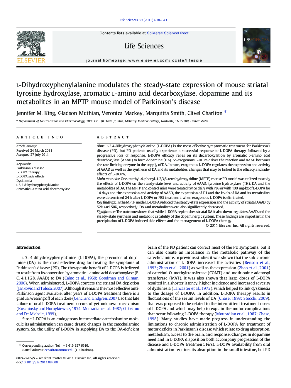 L-Dihydroxyphenylalanine modulates the steady-state expression of mouse striatal tyrosine hydroxylase, aromatic L-amino acid decarboxylase, dopamine and its metabolites in an MPTP mouse model of Parkinson's disease