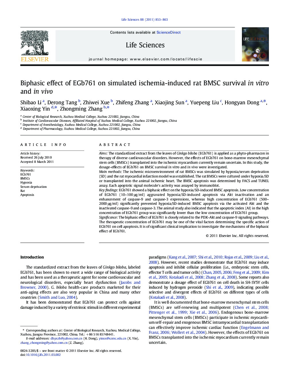 Biphasic effect of EGb761 on simulated ischemia-induced rat BMSC survival in vitro and in vivo