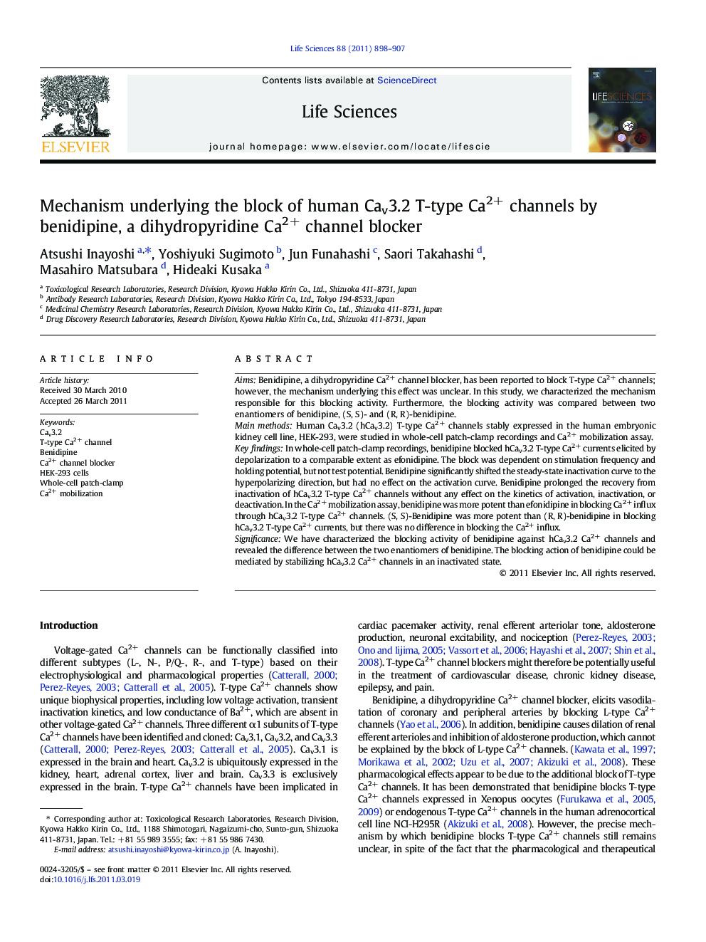 Mechanism underlying the block of human Cav3.2 T-type Ca2+ channels by benidipine, a dihydropyridine Ca2+ channel blocker