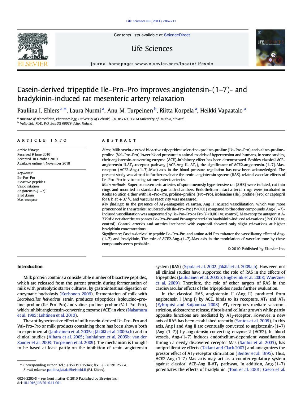 Casein-derived tripeptide Ile-Pro-Pro improves angiotensin-(1-7)- and bradykinin-induced rat mesenteric artery relaxation