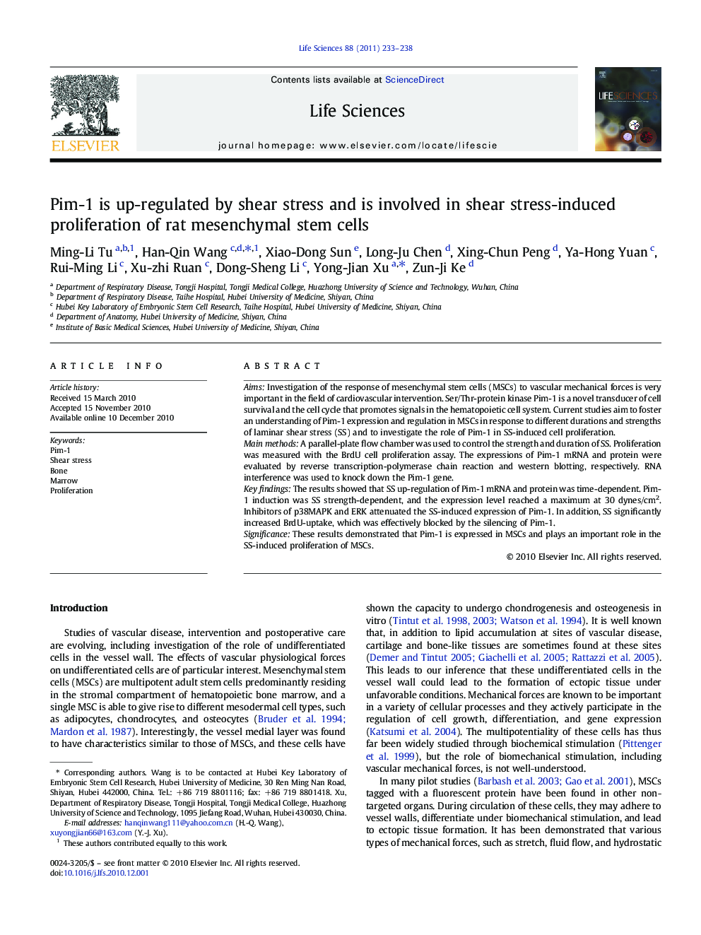 Pim-1 is up-regulated by shear stress and is involved in shear stress-induced proliferation of rat mesenchymal stem cells