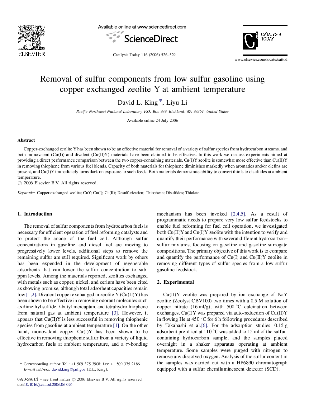 Removal of sulfur components from low sulfur gasoline using copper exchanged zeolite Y at ambient temperature