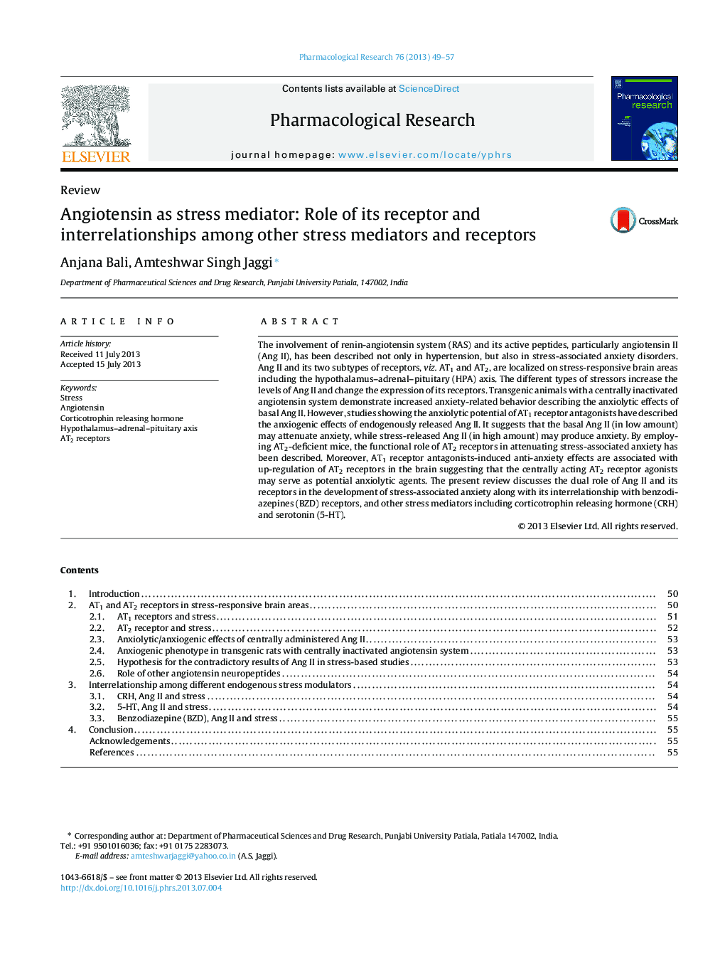 ReviewAngiotensin as stress mediator: Role of its receptor and interrelationships among other stress mediators and receptors