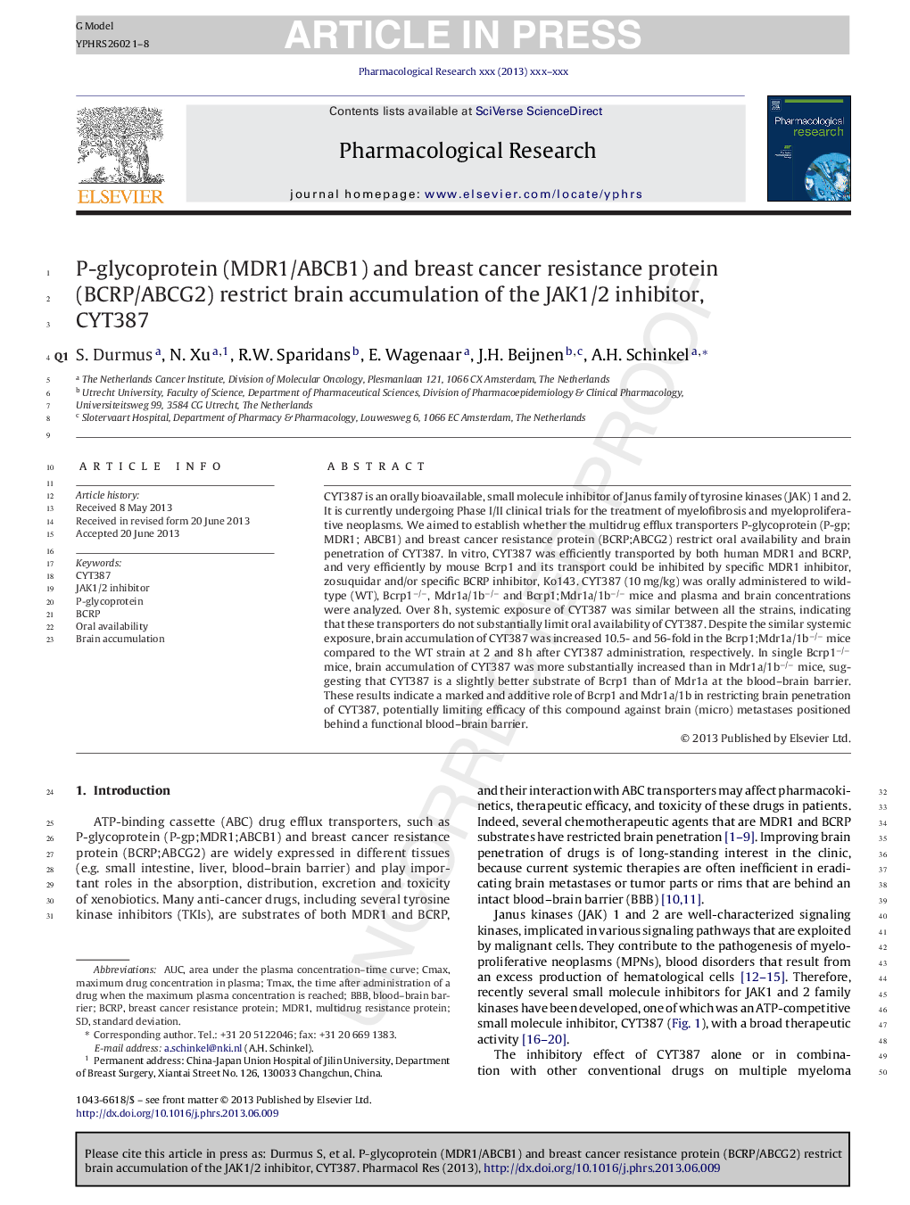 P-glycoprotein (MDR1/ABCB1) and breast cancer resistance protein (BCRP/ABCG2) restrict brain accumulation of the JAK1/2 inhibitor, CYT387