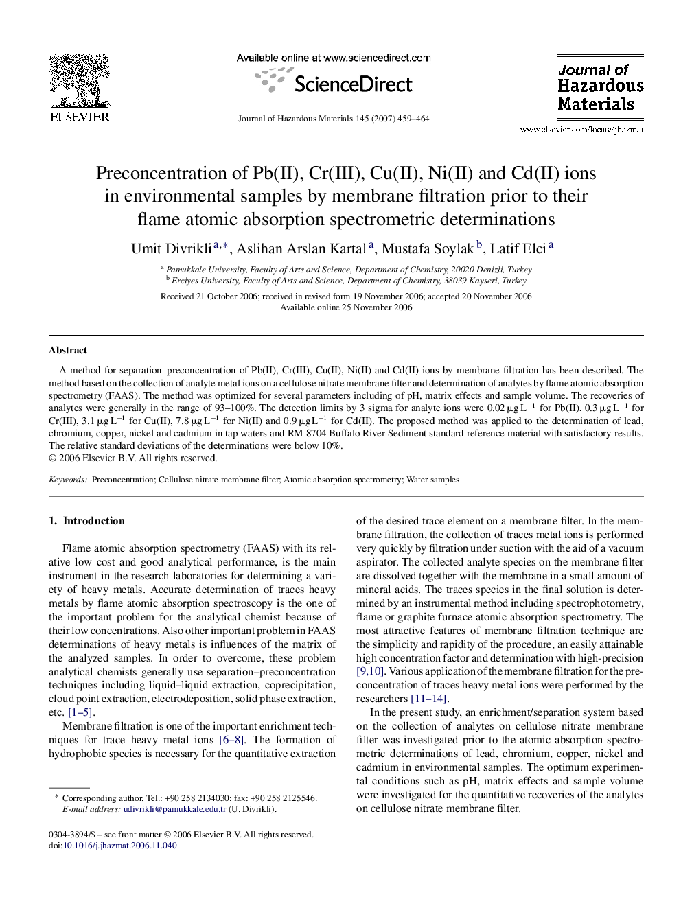 Preconcentration of Pb(II), Cr(III), Cu(II), Ni(II) and Cd(II) ions in environmental samples by membrane filtration prior to their flame atomic absorption spectrometric determinations