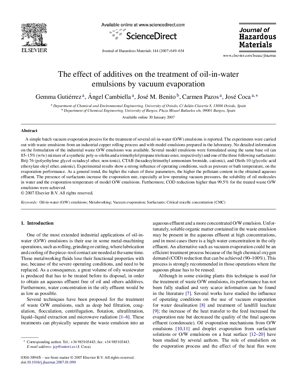 The effect of additives on the treatment of oil-in-water emulsions by vacuum evaporation